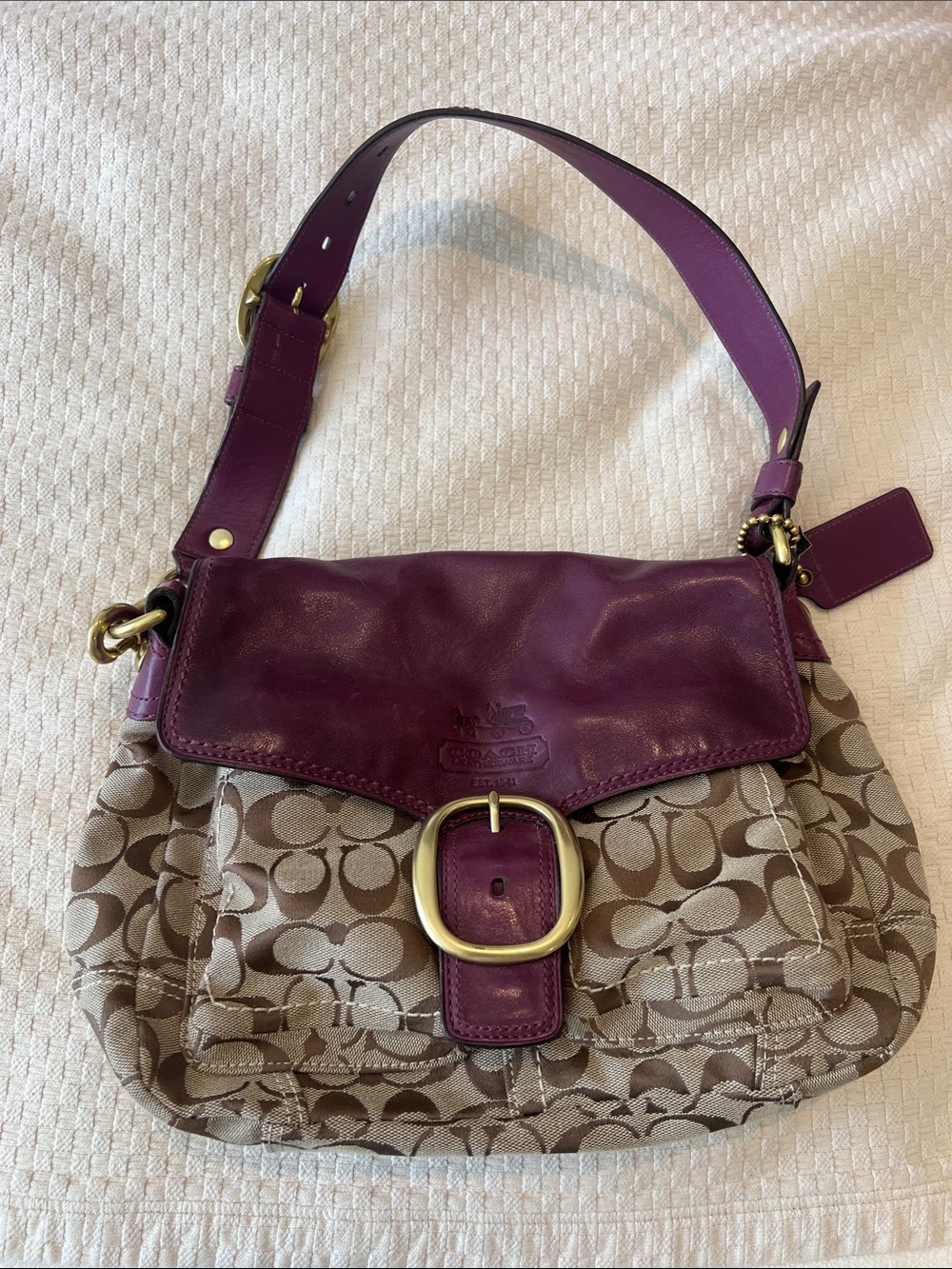 Coach Signature Shoulder Bag in Purple and Tan